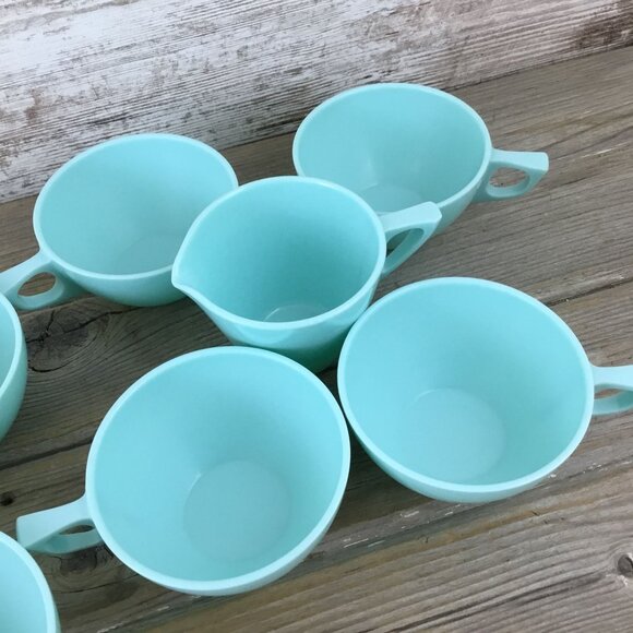 8 Coffee Cups Sun Valley Melmac Aqua Turquoise & Creamer Sugar Bowl Lid Vintage - Picture 5 of 9